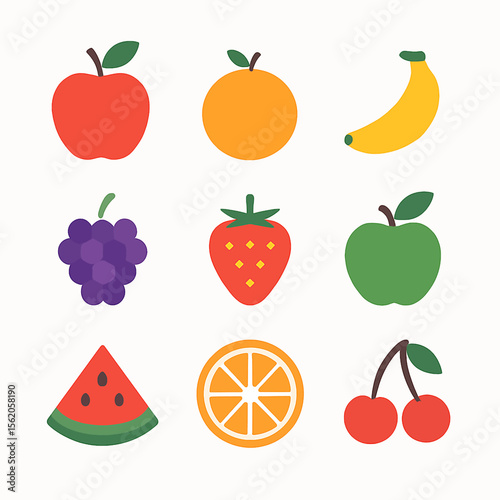 Colorful fruit collection featuring apple, orange, banana, grapes, strawberry, and cherries