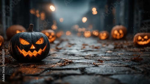 Spooky Halloween Night with Carved Pumpkins Lining a Cobblestone Street Under Dim Lights