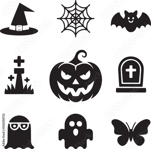 Halloween Black and White Icon Set Spooky and Festive Designs for Decoration and Celebration of the Holiday Season