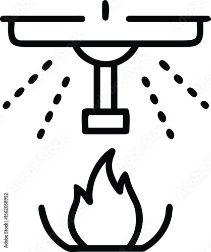 Outline icon of fire sprinkler system spraying water over flame, fire safety
