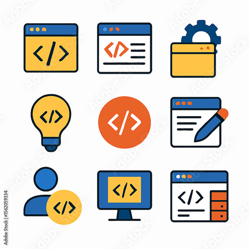 Colorful programming and development icons representing coding and software engineering