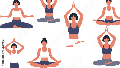 Multiple yoga poses displayed with women in athletic wear in a flat vector illustration style art