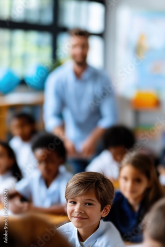 Diverse classroom with caucasian male teacher and young students engaged in learning