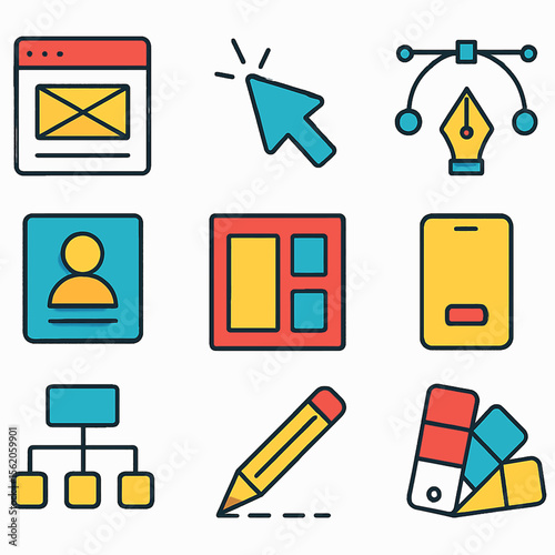 Colorful vector graphic design icons illustrating web and app development process