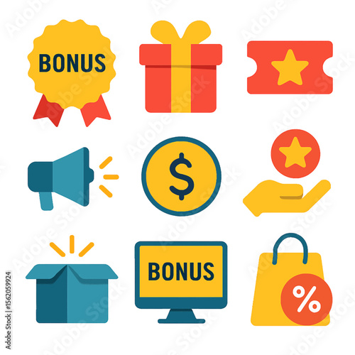 Colorful vector graphics showcasing bonus elements including gifts, discounts and promotions