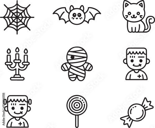 Whimsical Halloween Icons Spooky Spiderwebs Bats and Cute Monsters for Festive Designs Black and White Line Art