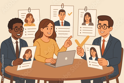 Recruitment agency team at work. HR managers collaborating, reviewing CVs, and selecting a job candidate. Human resources, hiring process, employment, and career concept vector.
