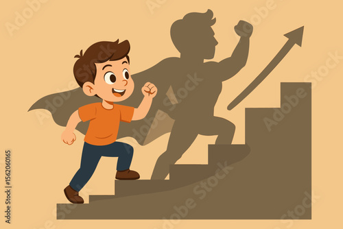 Boy with superhero shadow climbing stairs up. Concept of ambition, potential, achieving goals. Metaphor for inner strength, self-confidence, motivation, and career success. Vector.
