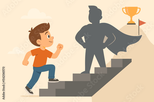 Boy with superhero shadow climbing stairs to success. Metaphor for ambition, potential, and goal achievement. Inner strength, self-belief, and determination for a future victory.