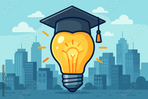 Education concept with light bulb idea wearing a graduation cap. Symbol of innovation, knowledge, and academic achievement. Smart learning and success concept with city background.
