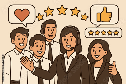 Excellent customer service concept with a happy business team receiving positive feedback. Five star rating and client satisfaction. Support center success with like and heart icons.