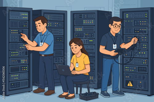 IT support team working in a data center. System administrators and engineers doing server maintenance. Technicians with laptop and tablet manage network hardware in the server room.