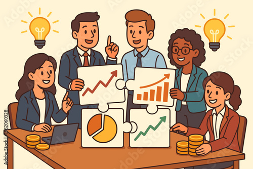 Business team collaborating on financial strategy, assembling puzzle with growth charts. Brainstorming bright ideas for success. Teamwork concept with data analysis vector illustration.