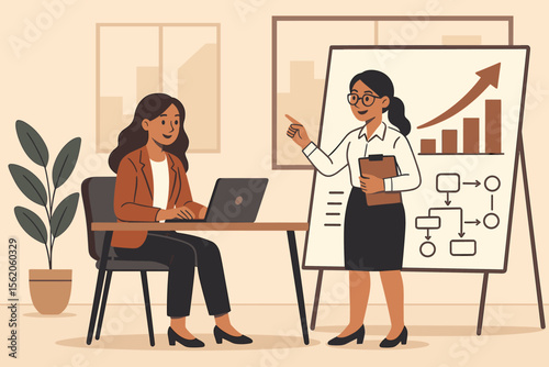 Businesswomen collaborating on a growth strategy and workflow plan in a modern office. Female coach presenting a chart and flowchart on a whiteboard. Teamwork and brainstorming concept.