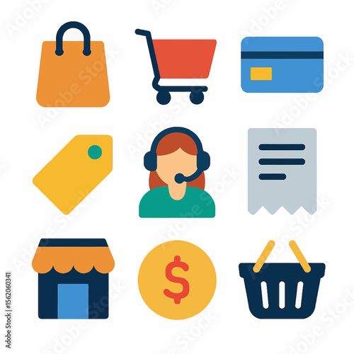 Colorful vector icons representing online shopping and retail store concepts