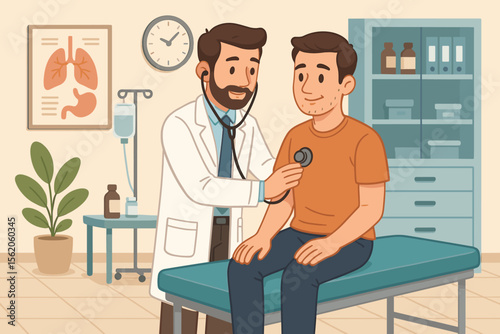 Friendly male doctor using stethoscope to examine patient during medical consultation. Physician in clinic office providing healthcare checkup. Medicine, treatment, and diagnosis concept.