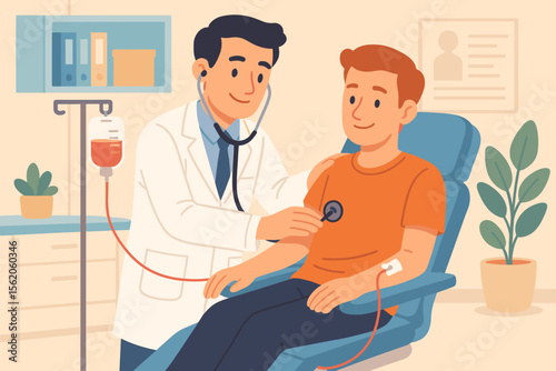 Doctor examining patient with stethoscope at hospital. Man receiving blood transfusion or IV drip infusion. Medical checkup, treatment and healthcare concept. Vector cartoon illustration.