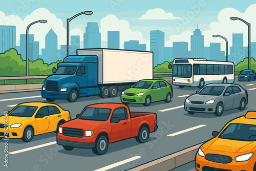 City traffic jam on a busy highway with cars, truck, and bus. Urban transportation and commuting concept. Rush hour congestion on a freeway with a metropolitan cityscape. Vector.