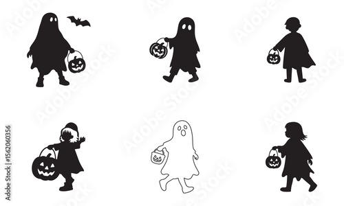 Child in Ghost Costume with Pumpkin Bucket Silhouette – Halloween Vector Art