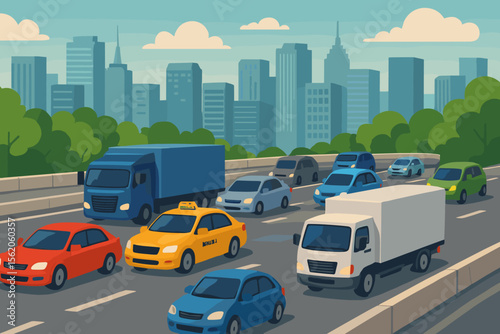 City traffic on a busy highway with various cars, trucks, and a taxi commuting. Urban landscape with cityscape background. Vector cartoon illustration of a motorway during rush hour.