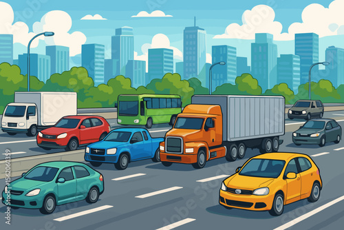 City traffic on a busy highway with commuting cars, trucks, and a bus. Urban transportation and rush hour congestion on a freeway with a metropolitan skyline in the background.