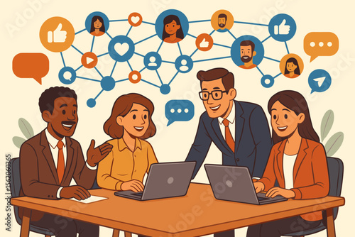 Diverse business team collaborating in office. People using laptops for social media marketing and networking. Communication, productivity, and teamwork concept with network icons.