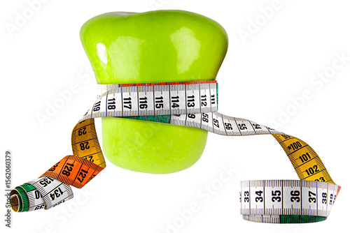 Dieting symbol of green apple with measuring tape isolated on transparent background
