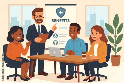 Company HR manager presenting employee benefits package to diverse team in an office meeting. Cartoon vector illustration of a corporate presentation on health insurance and compensation.