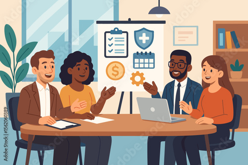 Diverse employees discussing company benefits package with HR manager in office meeting. Vector concept of health insurance, compensation, retirement plan, paid leave, and corporate policy.