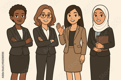 Diverse group of businesswomen standing together. Multicultural team of female colleagues in professional office attire. Vector cartoon for leadership, empowerment, and inclusion.