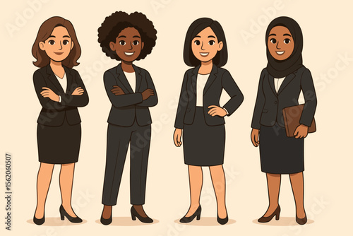 Diverse group of professional businesswomen in office attire. Vector cartoon illustration of a multiethnic team. Concept of female empowerment, equality, and inclusion at work.