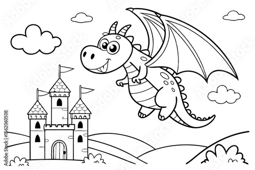 coloring page, a large friendly dragon flying over a majestic castle, whimsical fantasy scene, bold outlines, black and white line art for coloring, no shadows, white background