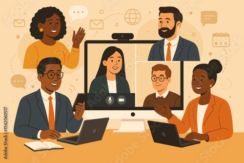 Business team in video conference. Diverse colleagues on virtual meeting, remote work collaboration. Online communication technology concept with people on computer screen. Flat vector illustration.
