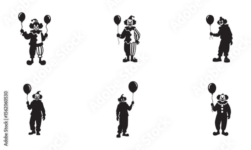 Creepy Clown with Balloon Silhouette in Empty Carnival – Minimal Black and White Vector

