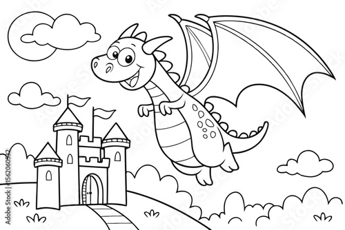 coloring page, a large friendly dragon flying over a majestic castle, whimsical fantasy scene, bold outlines, black and white line art for coloring, no shadows, white background
