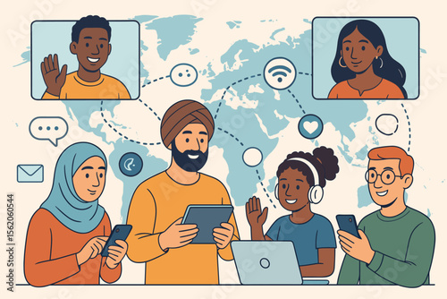 Global communication concept with diverse people connecting online. Multicultural team on video call for remote work. Social media networking on world map background. Vector illustration.