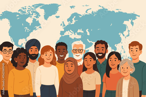 Diverse global community concept with people from different backgrounds united. Multicultural society together in front of world map. Racial equality, inclusion, and humanity vector.