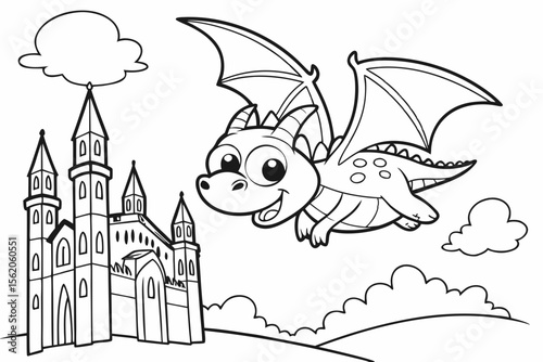 coloring page, a large friendly dragon flying over a majestic castle, whimsical fantasy scene, bold outlines, black and white line art for coloring, no shadows, white background
