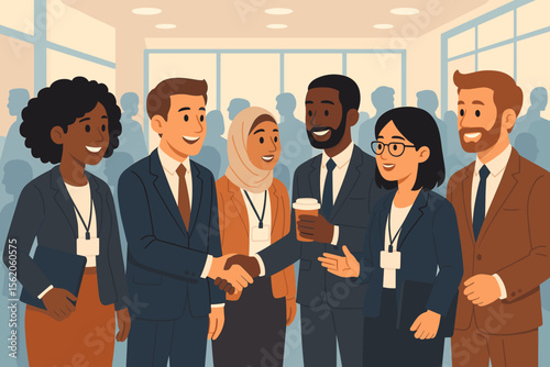 Diverse group of businesspeople networking at a professional conference. Multicultural colleagues shaking hands. Concept of partnership, inclusion, teamwork, and corporate event. Vector.