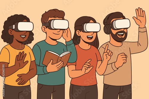 Diverse group of people engaging with virtual reality headsets for education and entertainment. Cartoon characters using VR glasses for immersive e-learning, training, and gaming in the metaverse.