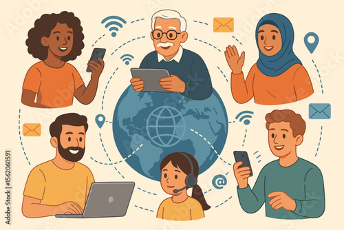Diverse group of people connected in a global network. Multicultural community communicating online using phone, laptop, and tablet. Technology, social media, and globalization concept.