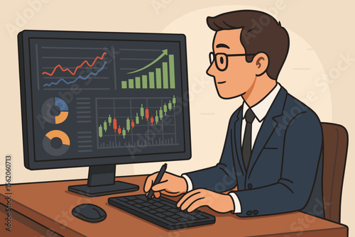 Financial analyst working on computer with stock market data. Businessman broker trading online, analyzing charts and graphs for investment. Finance growth concept vector cartoon.