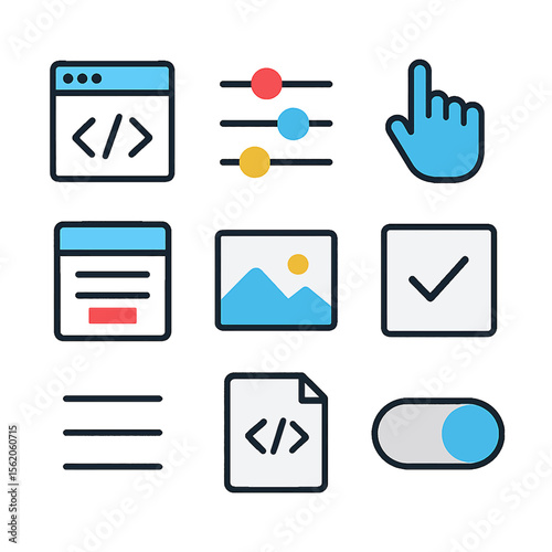 Colorful vector icons set representing computer programming and development tools