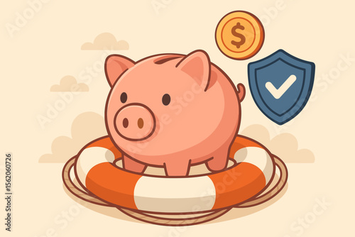 Financial security concept with piggy bank on a lifebuoy. Metaphor for savings protection, insurance, emergency fund, and investment safety. Retirement plan and wealth guarantee vector.