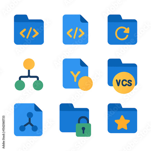 Colorful vector icons set depicting software development and version control concepts