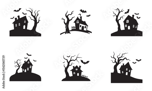 Haunted House on Hill with Crooked Tree and Bats – Black and White Silhouette Vector
