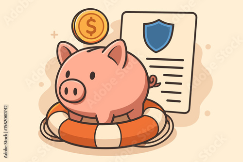 Insurance and financial assistance concept with a piggy bank in a lifebuoy. Metaphor for money savings, investment protection, retirement planning, and financial security safety net.