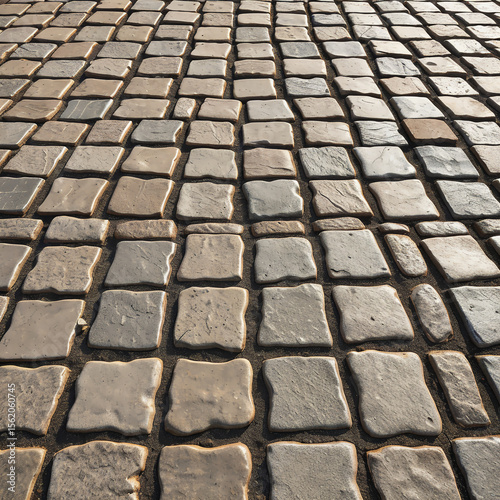 Rustic square cobblestones in tan and gray tones forming neat grid
