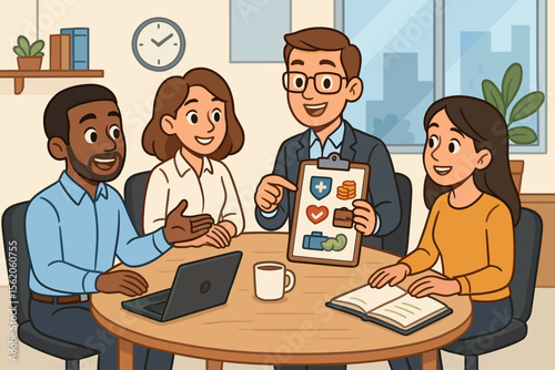 Financial advisor presenting an insurance plan to a diverse group of clients in an office meeting. Man explains employee benefits, health, life, retirement, and savings options.