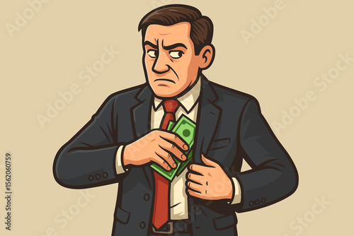 Corrupt businessman hiding money, symbolizing financial crime and fraud. Concept of bribery, greed, and corporate deception. Unethical business practice. Vector cartoon illustration.